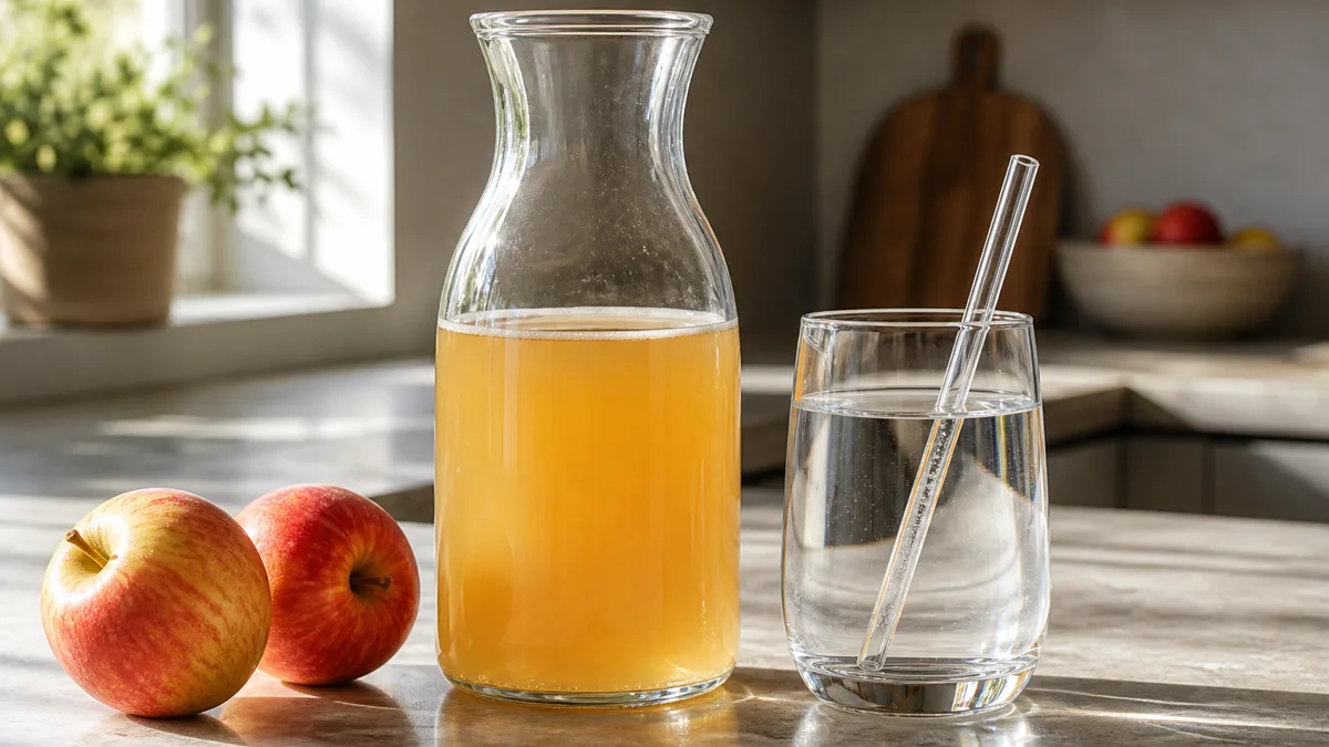 Glas Wasser mit einem Teelöffel Apfelessig, daneben frische Äpfel und eine Flasche naturtrüber Apfelessig auf einer hellen Küchenablage am Morgen.