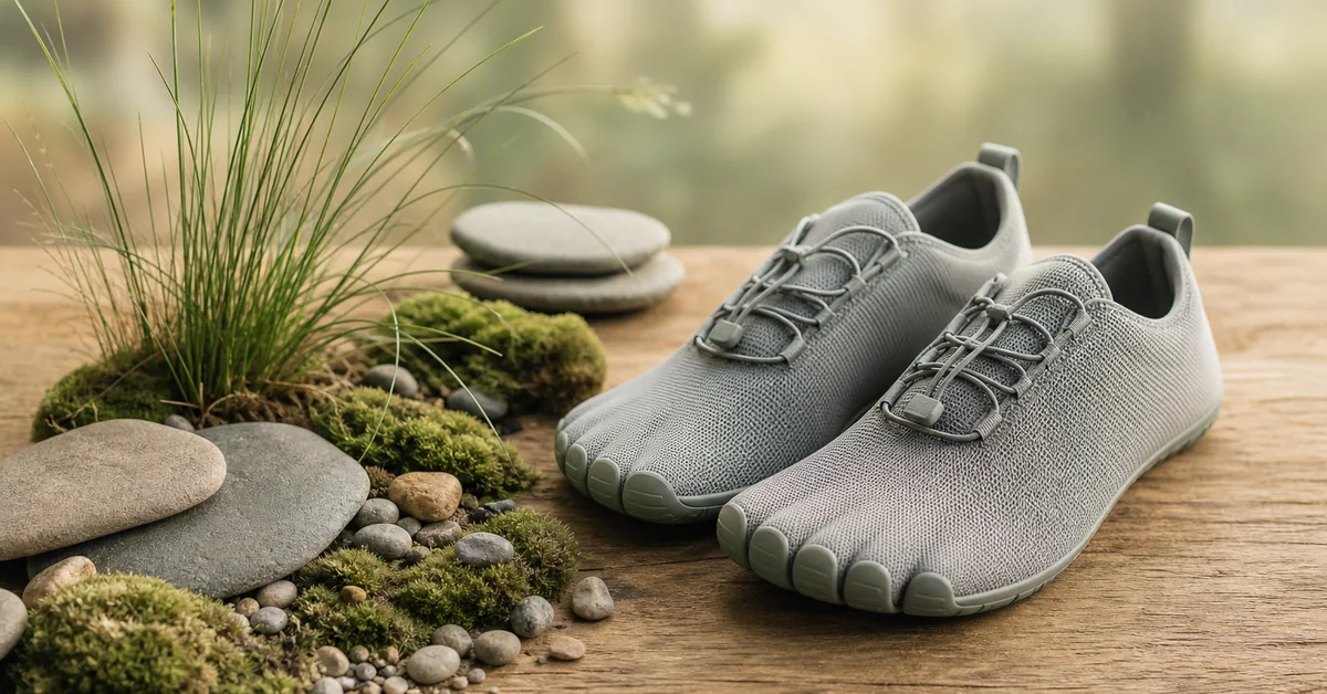 Naturboden-Stillleben: Gras, Moos, flache Steine und Kiesel auf Holz, daneben ein Paar minimalistische Barfussschuhe im weichen Morgenlicht.