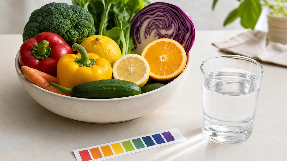 Farbenfrohe Auswahl an frischem Gemüse und Obst auf einem hellen Küchentisch, daneben ein Glas Wasser mit Zitronenscheibe