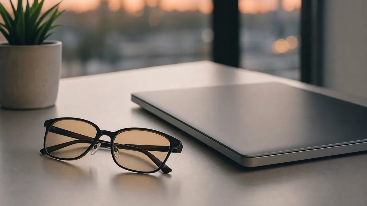 Blaulichtfilter-Brille liegt neben einem Laptop auf einem hellen Holztisch am Abend, warmes Lampenlicht im Hintergrund