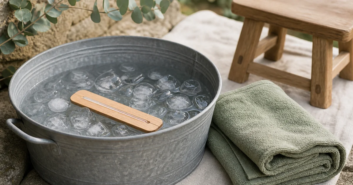 Holztonne mit kaltem Wasser und schwimmenden Eisstücken im verschneiten Garten, daneben ein Handtuch und warme Kleidung auf einer Holzbank