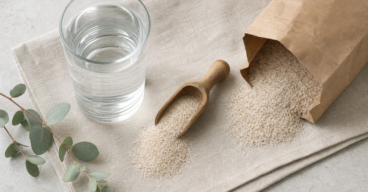 Grosses Glas Wasser mit eingerührten hellen Flohsamenschalen, daneben ein Teelöffel voller Samenschalen und eine offene Vorratsschale auf hellem Holztisch