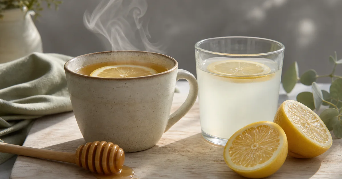 Dampfendes Glas mit heissem Zitronenwasser neben aufgeschnittenen Zitronenhälften und einem Küchenthermometer auf einem hellen Holztisch