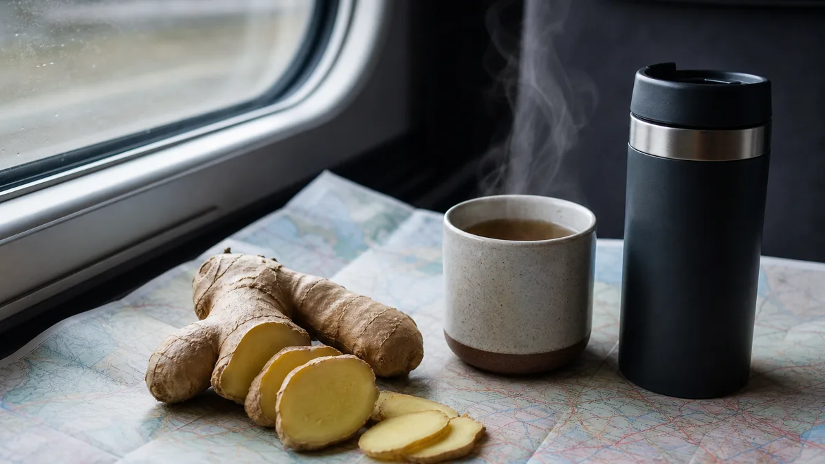 Dampfende Tasse frisch aufgebrühter Ingwertee mit Ingwerscheiben und Zitrone auf einem Holztisch, im Hintergrund gepackte Reisetasche am Fenster