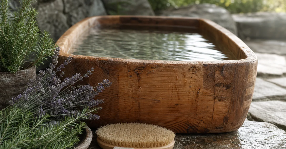 Holz-Wassertretbecken mit klarem Wasser, Rosmarin- und Lavendelzweigen und einer Naturborstenbürste auf Steinboden im Morgenlicht