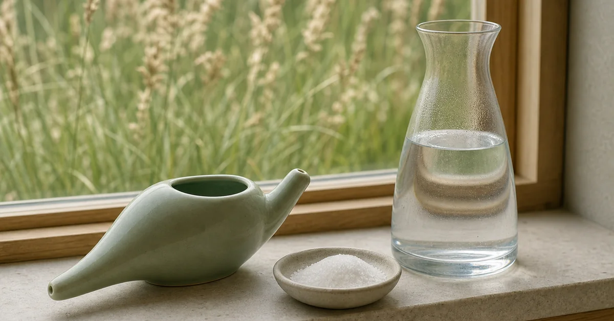 Nasendusche aus Kunststoff neben einer Glasschale mit Salz und einer Kanne lauwarmem Wasser auf hellem Holztisch, im Hintergrund blühende Gräser