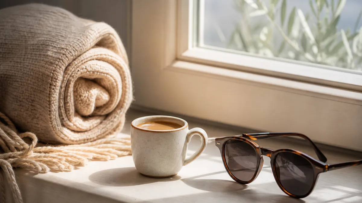 Person schläft am frühen Nachmittag entspannt auf einem Sofa, daneben eine Tasse Kaffee und ein Wecker