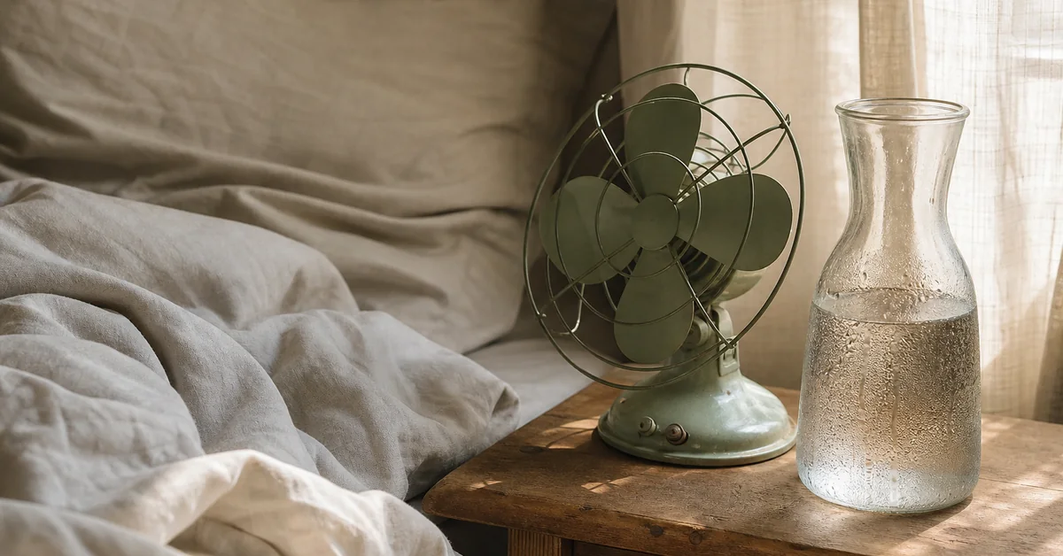 Schlafzimmer an einem Sommerabend mit weit geöffnetem Fenster, heruntergelassenen Storen und einem Ventilator neben dem Bett